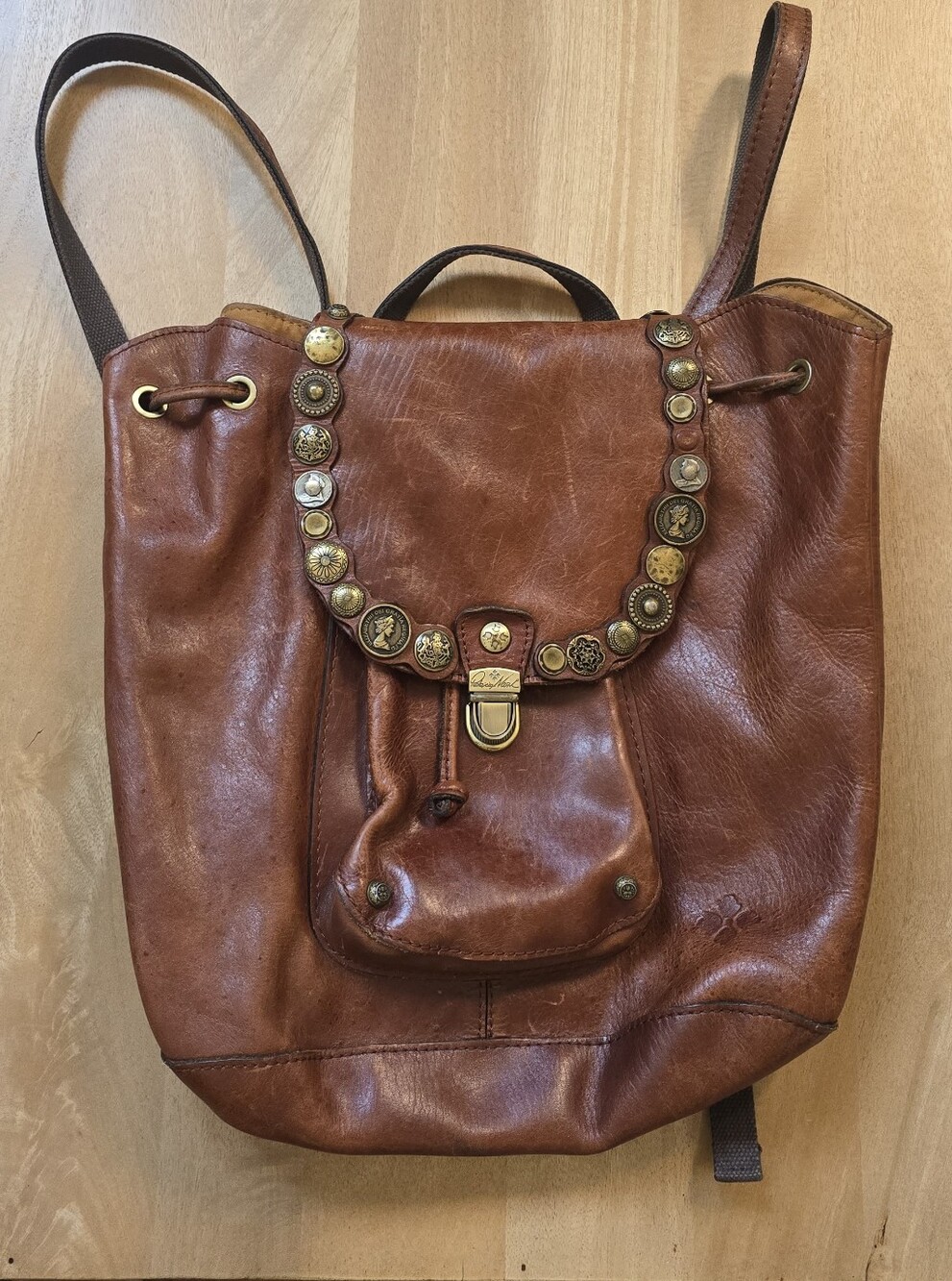 Patricia Nash Vintage Tan Leather Coin-Studded Backpack